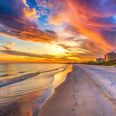 Sunset over the beach and Gulf shoreline on Marco Island, Florida