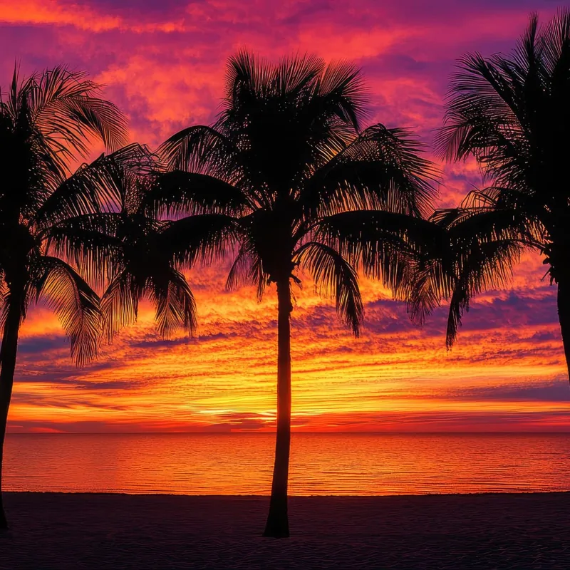 Sunset over the water with palm silhouettes in Estero, Florida