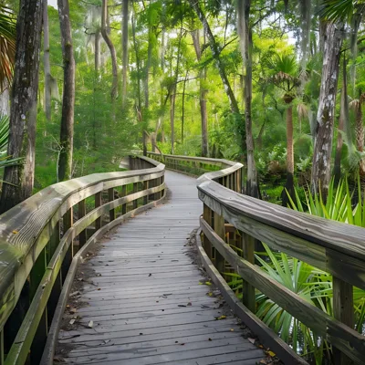 Boardwalk through lush subtropical woodland near Everglades City, Florida